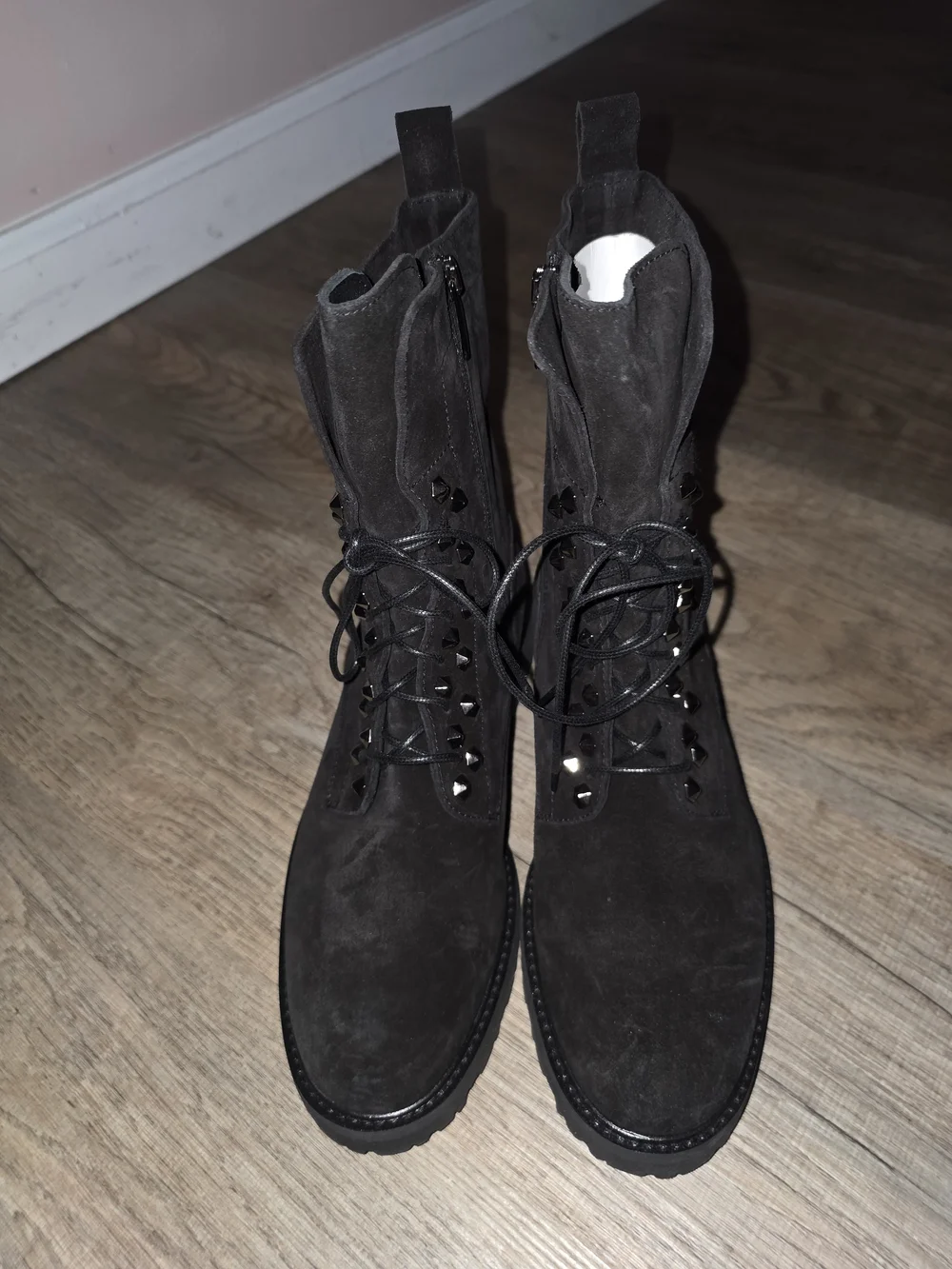 La CANADIENNE Black Suede Studded Lace-Up Mid-Calf Boots
